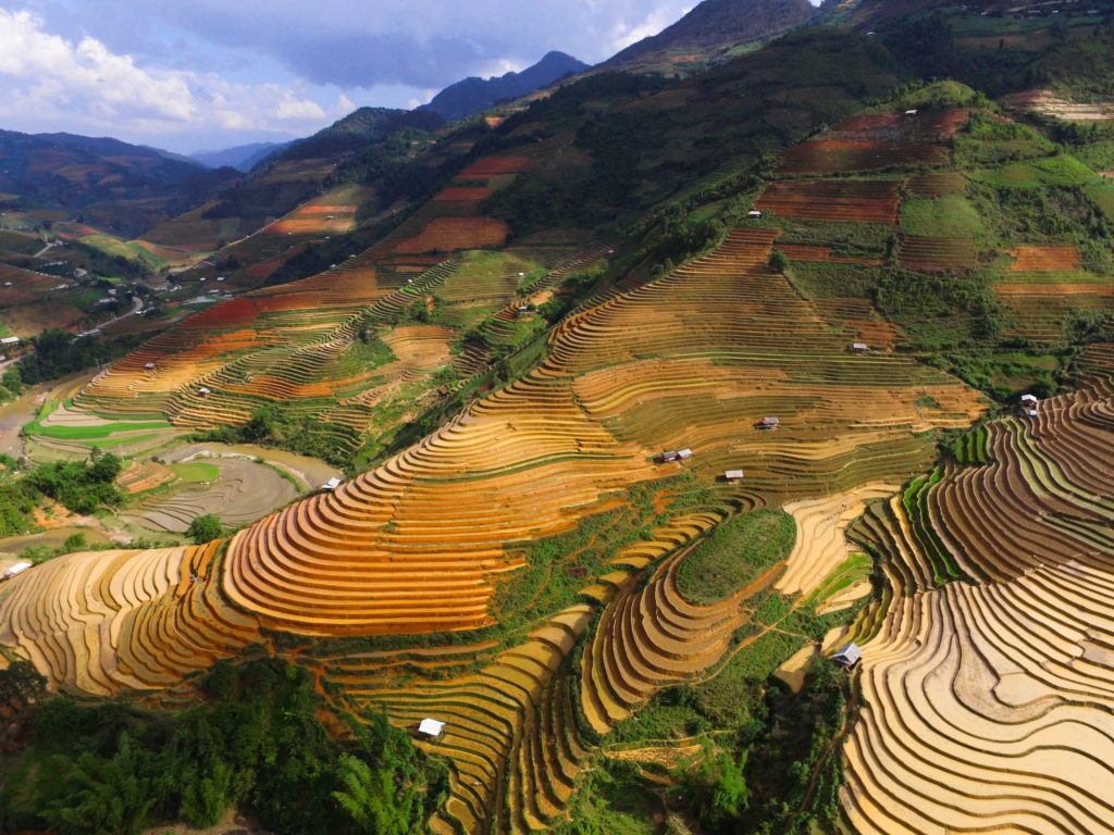 a valley with a river running through it and mountains in the background
