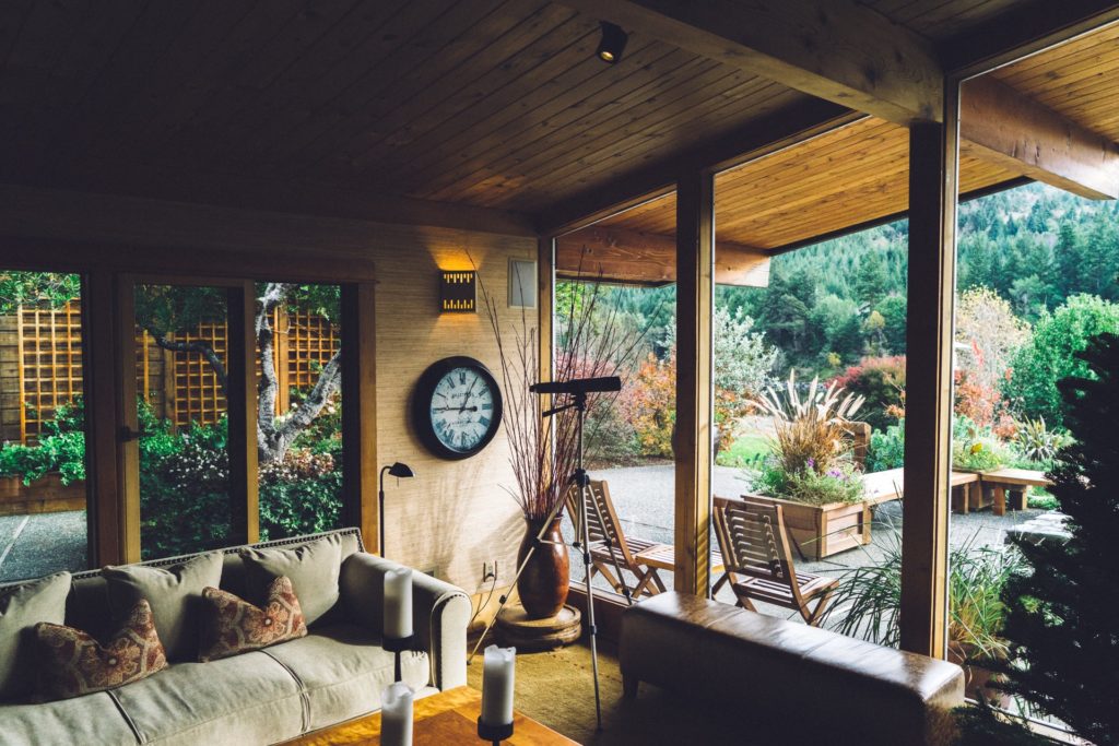 a living room with a large window