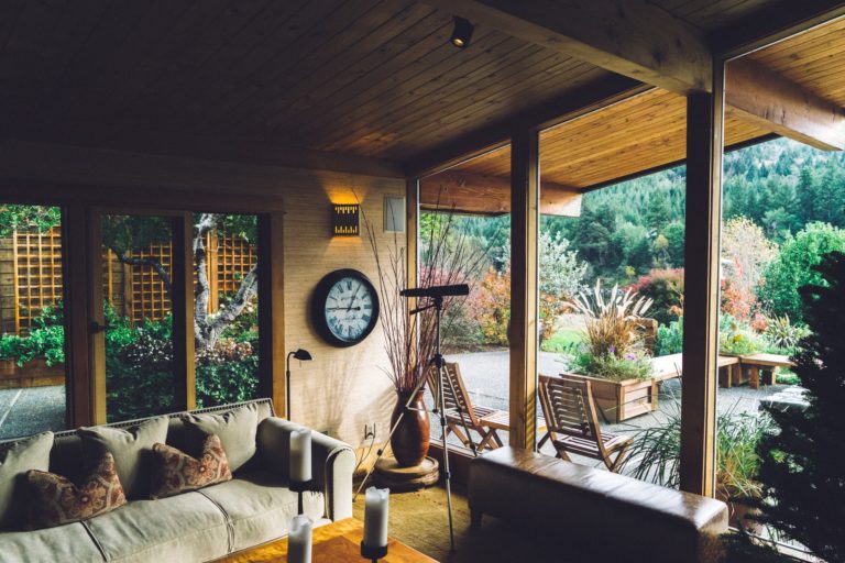 a living room with a large window