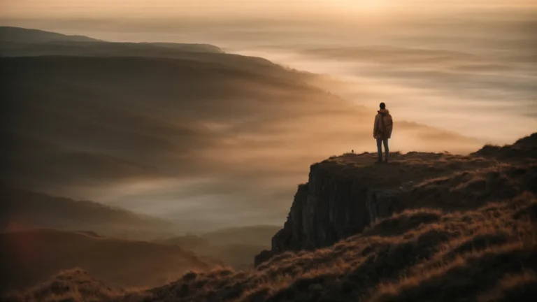 a person stands on a cliff edge, gazing at a sunrise over a vast landscape, embodying a fresh start and confidence for the new year.