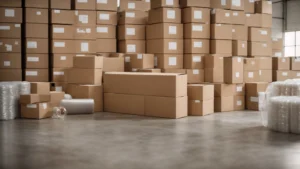 cardboard boxes stacked neatly beside rolls of bubble wrap and packing tape on a table in a well-lit room.