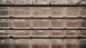 a spacious, well-organized storage unit filled with neatly labelled boxes and sturdy, clear plastic bins.