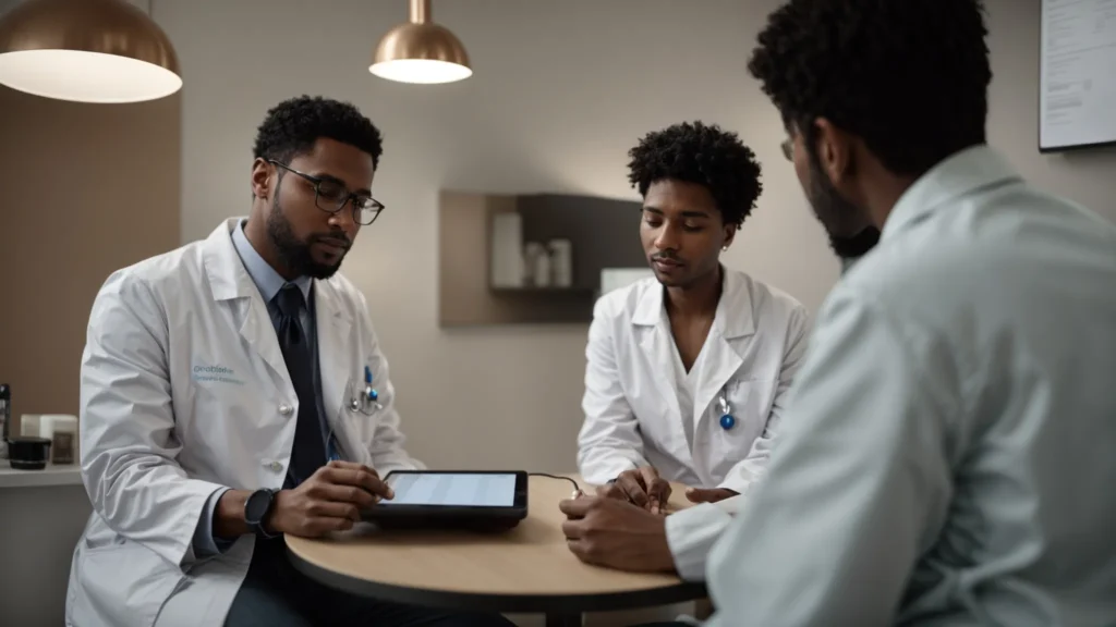 a person is sitting across from a doctor in a consultation room, discussing treatment plans on a tablet.