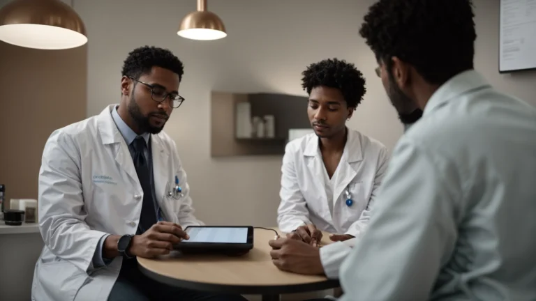 a person is sitting across from a doctor in a consultation room, discussing treatment plans on a tablet.