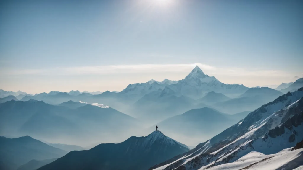 a hiker stands on a mountain peak, gazing at the panoramic view of the annapurna massif under a clear blue sky.