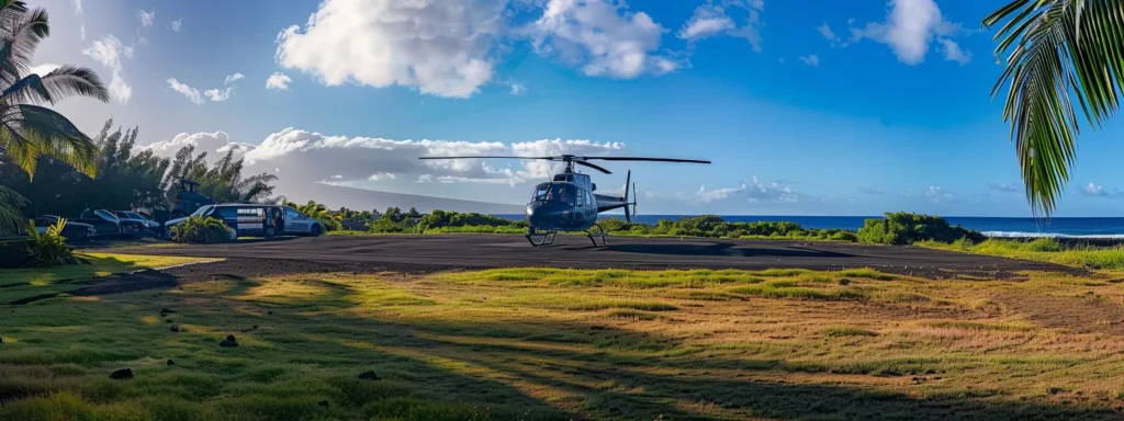a helicopter parked at a professional agency base with a sign for private tours on kauai.