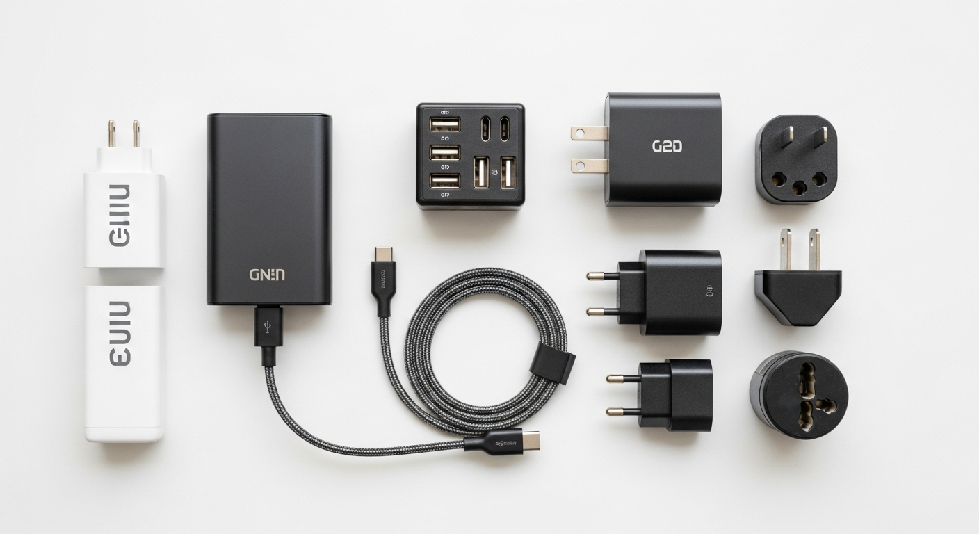 Collection of essential charging travel gadgets: power bank, universal adapter, multi-port charger.