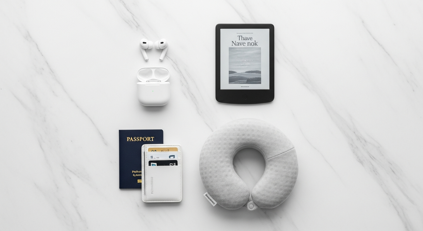 Traveler using noise-cancelling headphones on a plane with an e-reader.