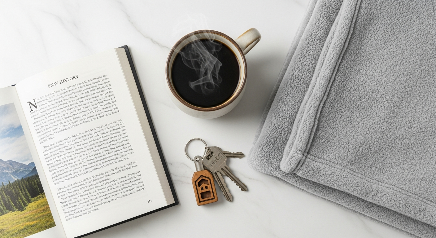 Cozy mountain cabin vacation rental nestled in the snowy Cascade Mountains, ideal for a Pacific Northwest winter getaway.