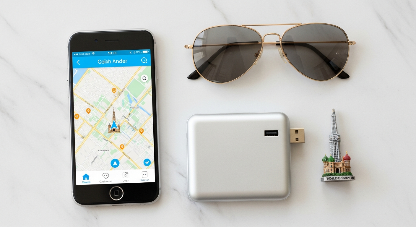 Traveler using a smartphone for navigation with Google Maps and communicating via WhatsApp in a foreign city.