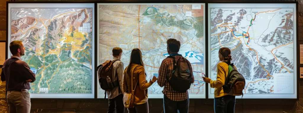 a group of professionals brainstorming around a large map of jackson hole.