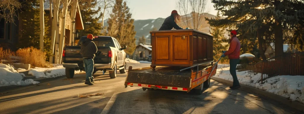 a team of movers carefully guiding a heavy piece of furniture up a steep driveway in jackson hole.