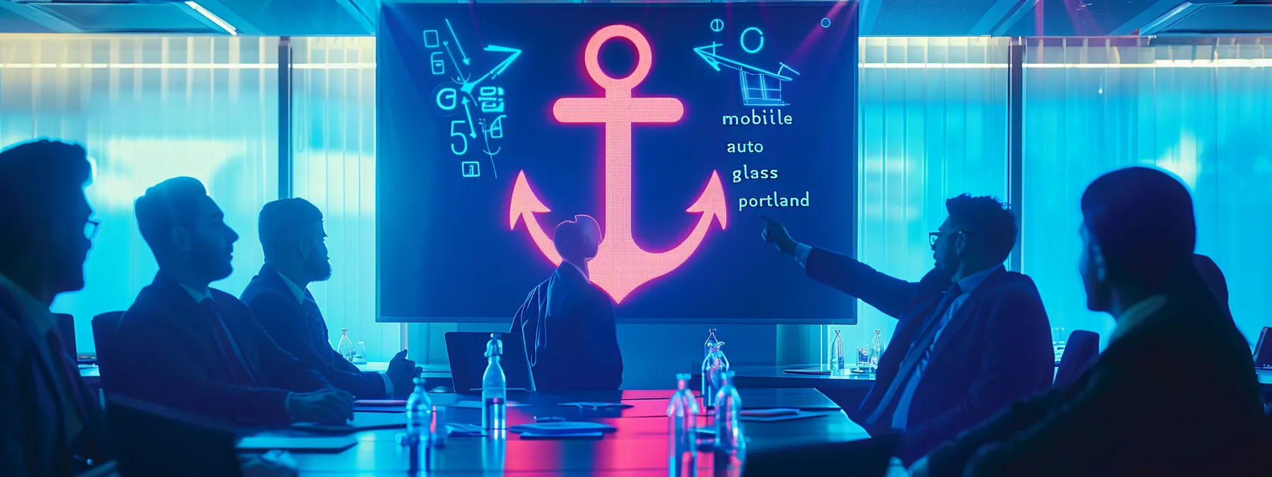 a group of professionals in a meeting room, pointing to a large anchor symbol with the words "mobile auto glass portland" written on it.