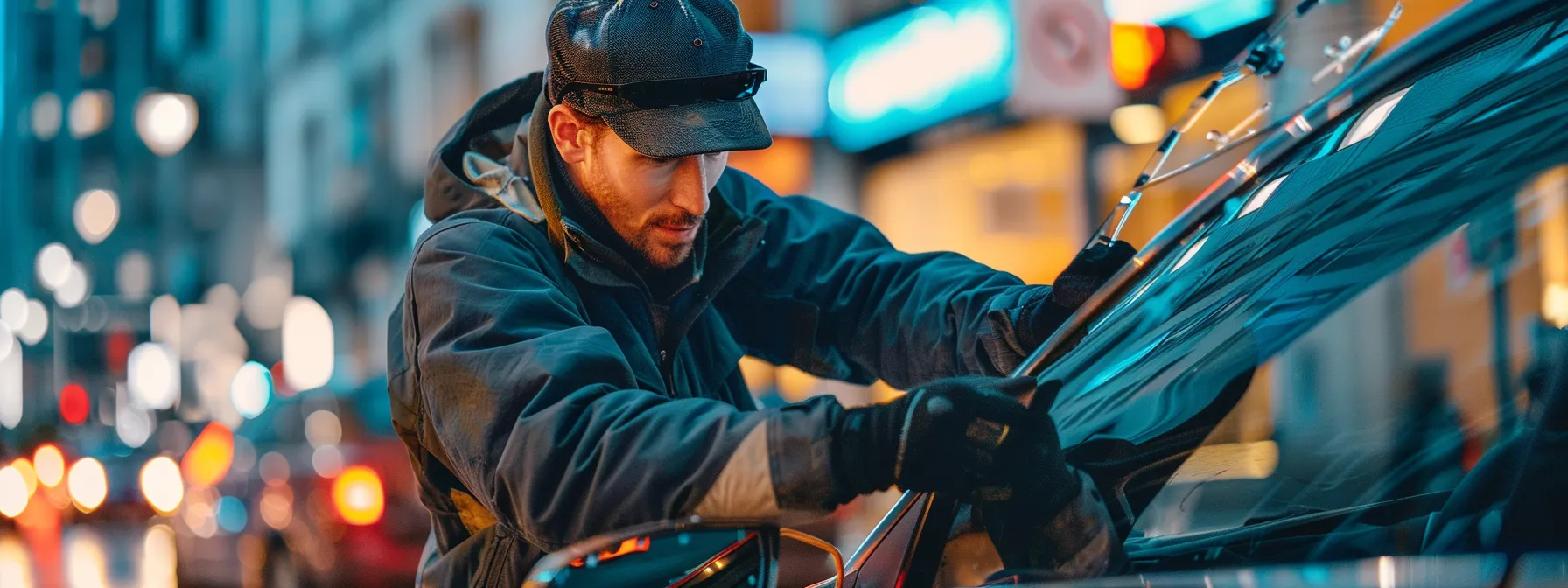 a professional technician replacing a windshield on a car parked in a busy city street.
