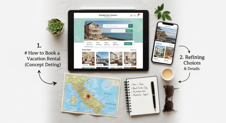 Illustration of booking a vacation rental online — search results, map and booking calendar