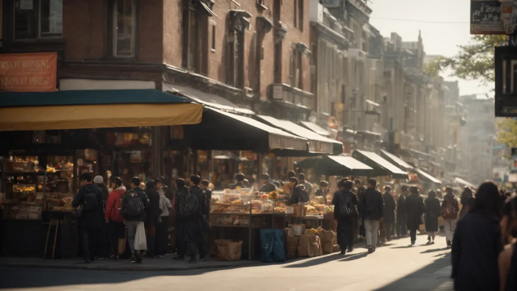 a bustling cityscape with diverse small businesses lining a sunlit street.