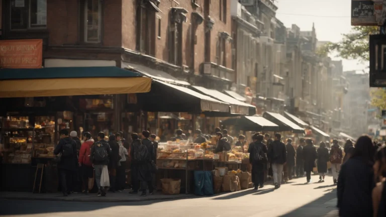 a bustling cityscape with diverse small businesses lining a sunlit street.