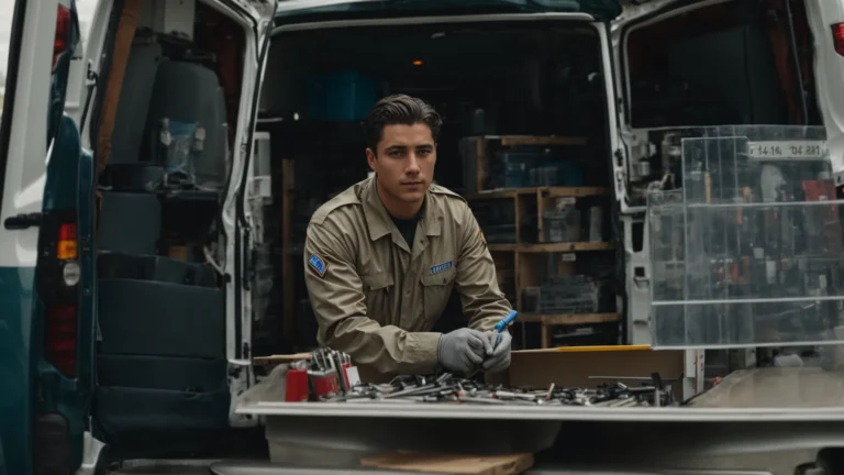 a technician in uniform stands next to a van filled with glass replacement tools.