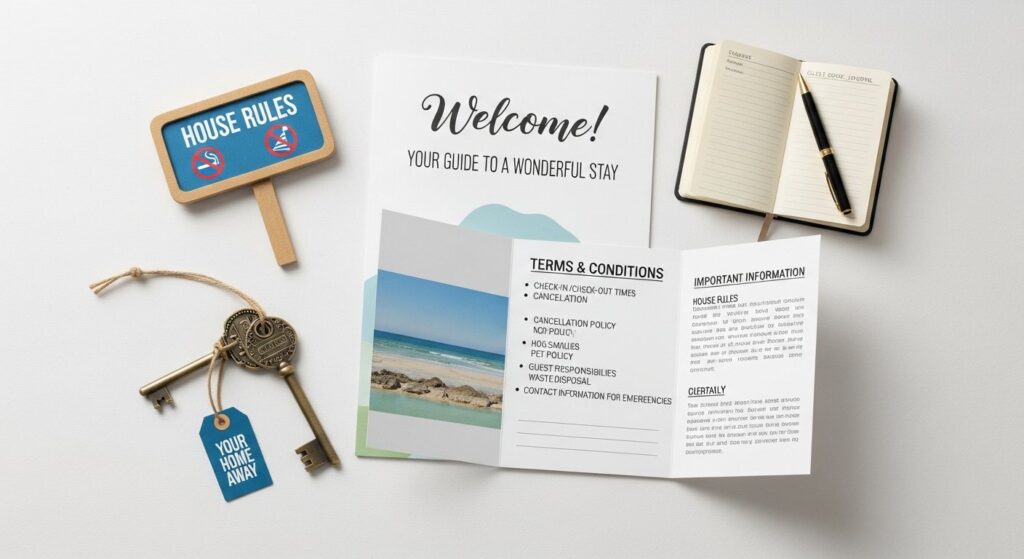 Featured illustration representing vacation rental terms: lease document, house key, and calendar