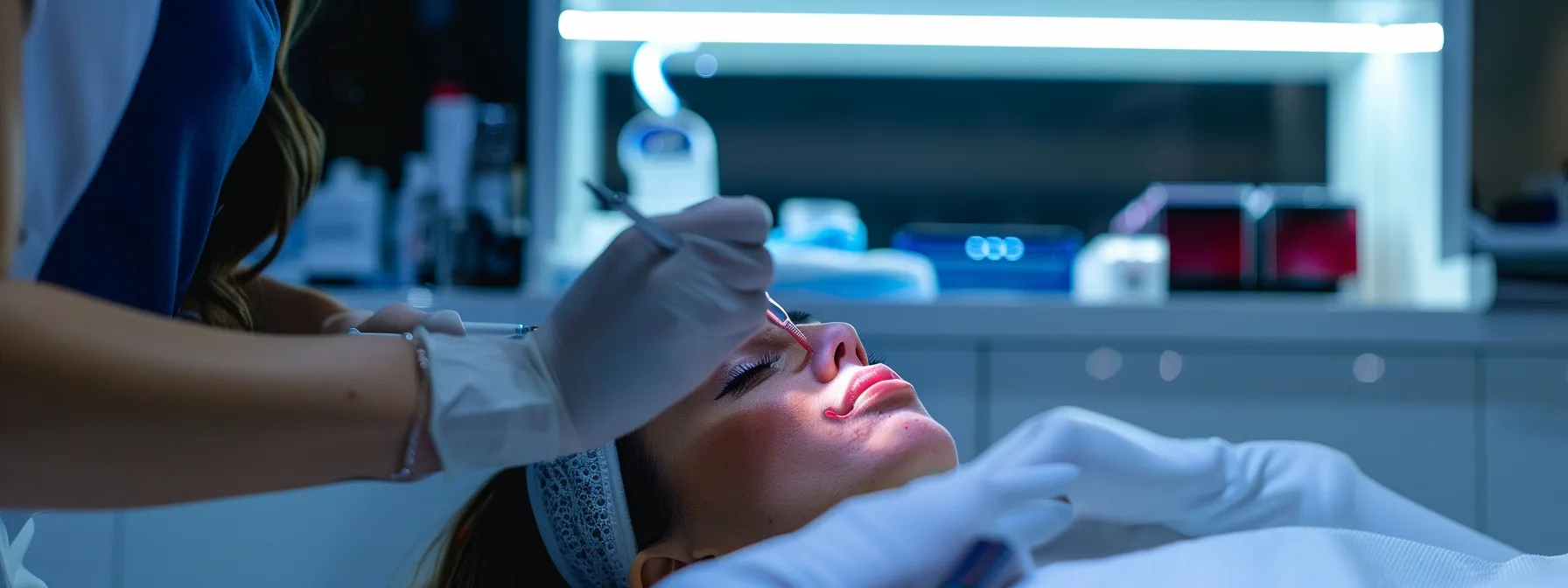 a skilled technician focuses intently on enhancing lips with a gentle, precise technique in a serene, modern setting.